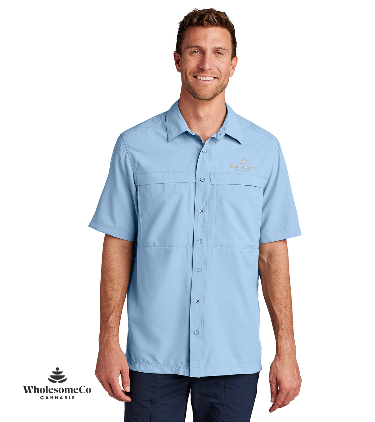Port Authority W961 Short Sleeve UV Daybreak Shirt – LightBlue with White Logo, XS