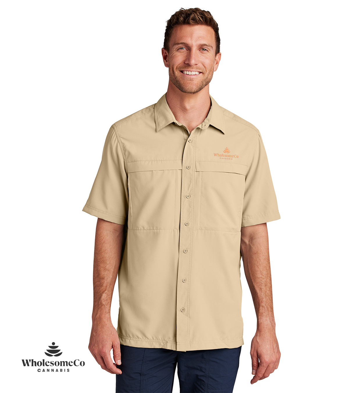 Port Authority W961 Short Sleeve UV Daybreak Shirt – Oat with Copper Logo, XS