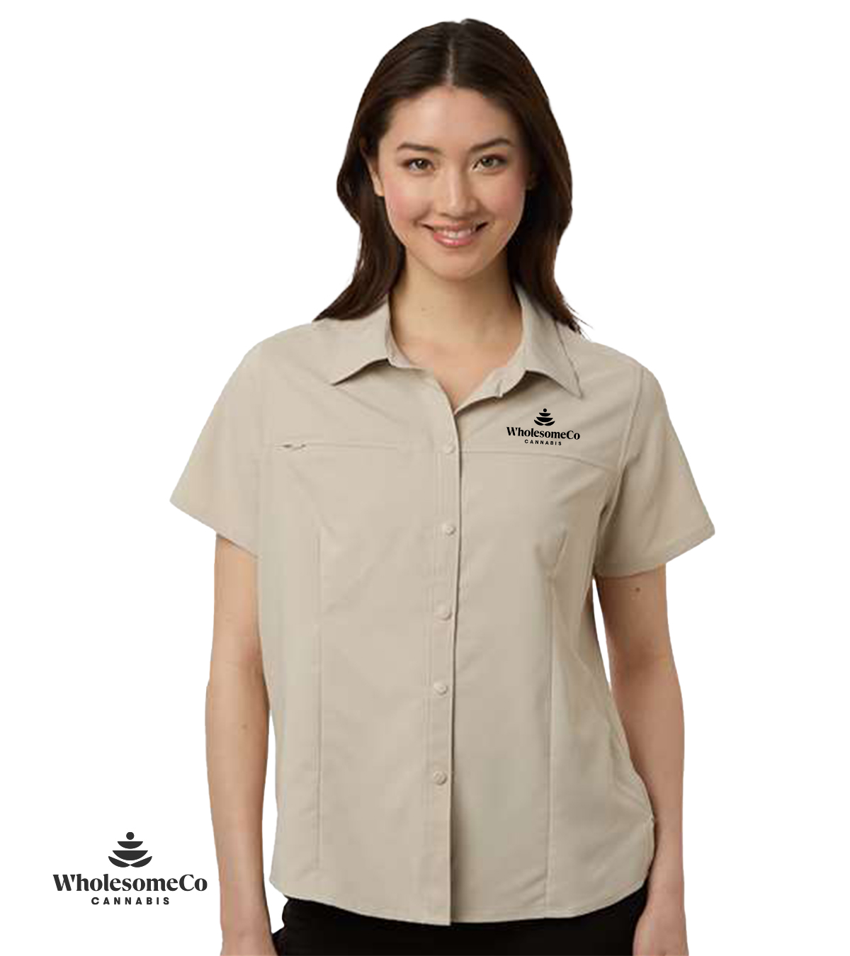 Core 365 CE520W Women's UltraUVP Shoreline Staff Shirt – Stone with Black Logo, M