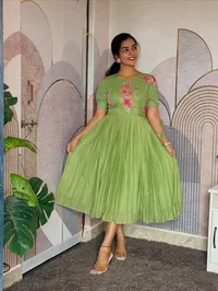 Light Green Floral Embroidered Long Frock with Pleated Skirt – Image 1