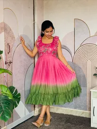 Pink to Green Ombre Long Frock with Ruffle Hem – Image 1