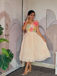 Floral Embroidered Bodice Long Frock with Peach Ruffle Skirt – Image 1