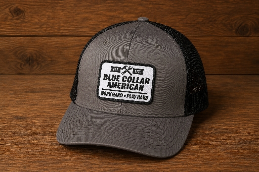 Fierce Blue-Collar American- Woven White Patch- Charcoal & Black – Image 1