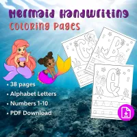 Mermaid Handwriting Practice Coloring Pages (alphabet and numbers) – Image 1