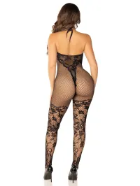 Black Seamless Net and Lace Lingerie Jumpsuit - With Keyhole Crossover Halter – Image 2