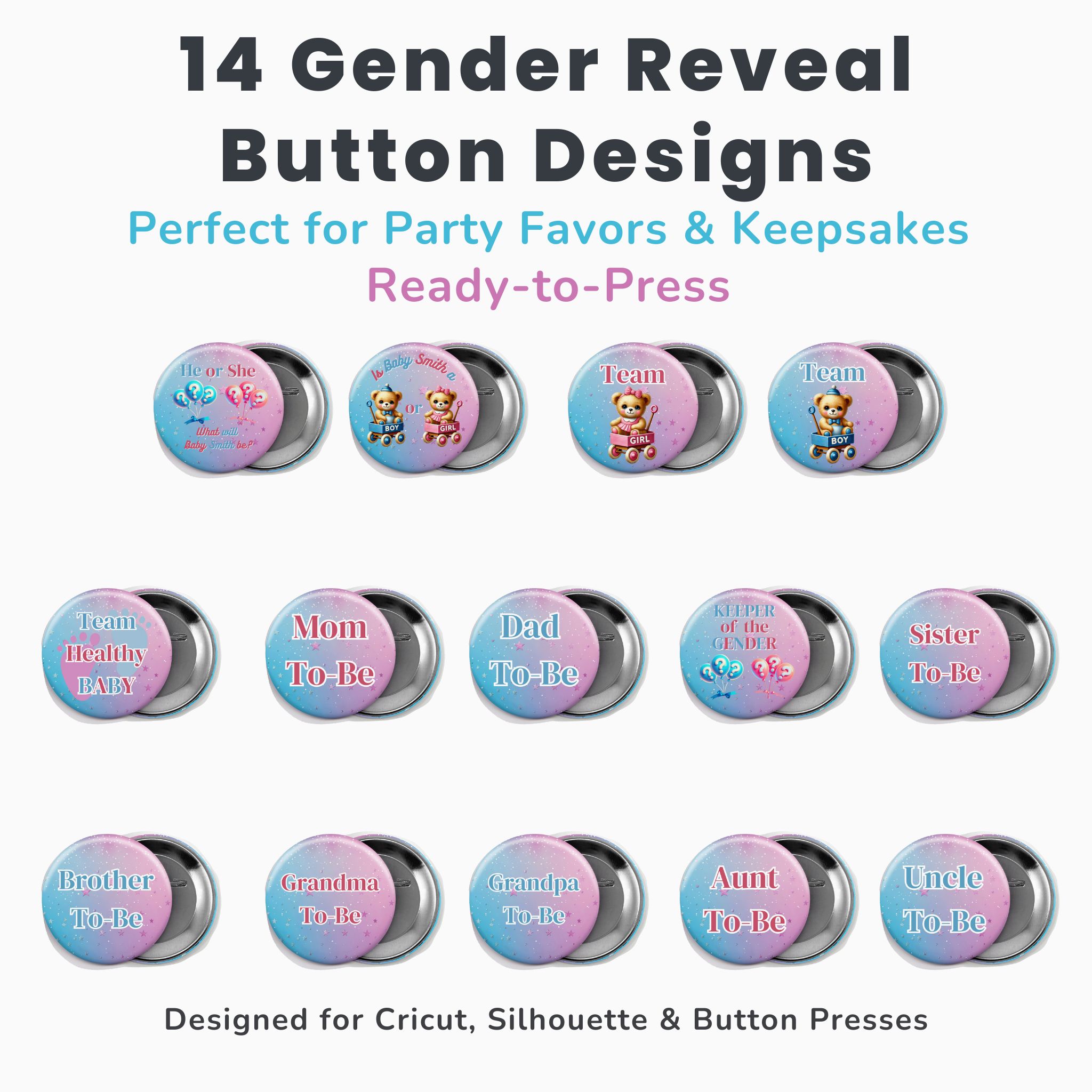 14 EDITABLE GENDER REVEAL BUTTON PINS – Image 1