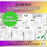8 Beautiful Flower Cut and Paste Craft Printable Templates | Black and White – Image 1