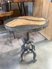 24" Hickory & Gunmetal Epoxy Round Table – Industrial Crank Base – Image 2