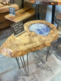 Walnut Side Table with White & Blue Epoxy Accent – Hairpin Legs – Image 1