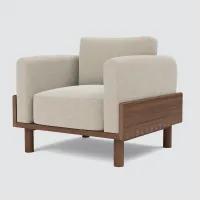 Elegant Linen Accent Chair | Soft Beige with Dark Wooden Legs – Image 1