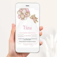 Rosa Teddybär Kinder Geburtstagseinladung Canva Vorlage – Bild 1