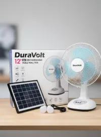 DuraVolt 12" 3-in-1 Rechargeable Table/Wall Fan with Solar Panel and LED Bulbs (Model: DRP-12TS) – Image 1