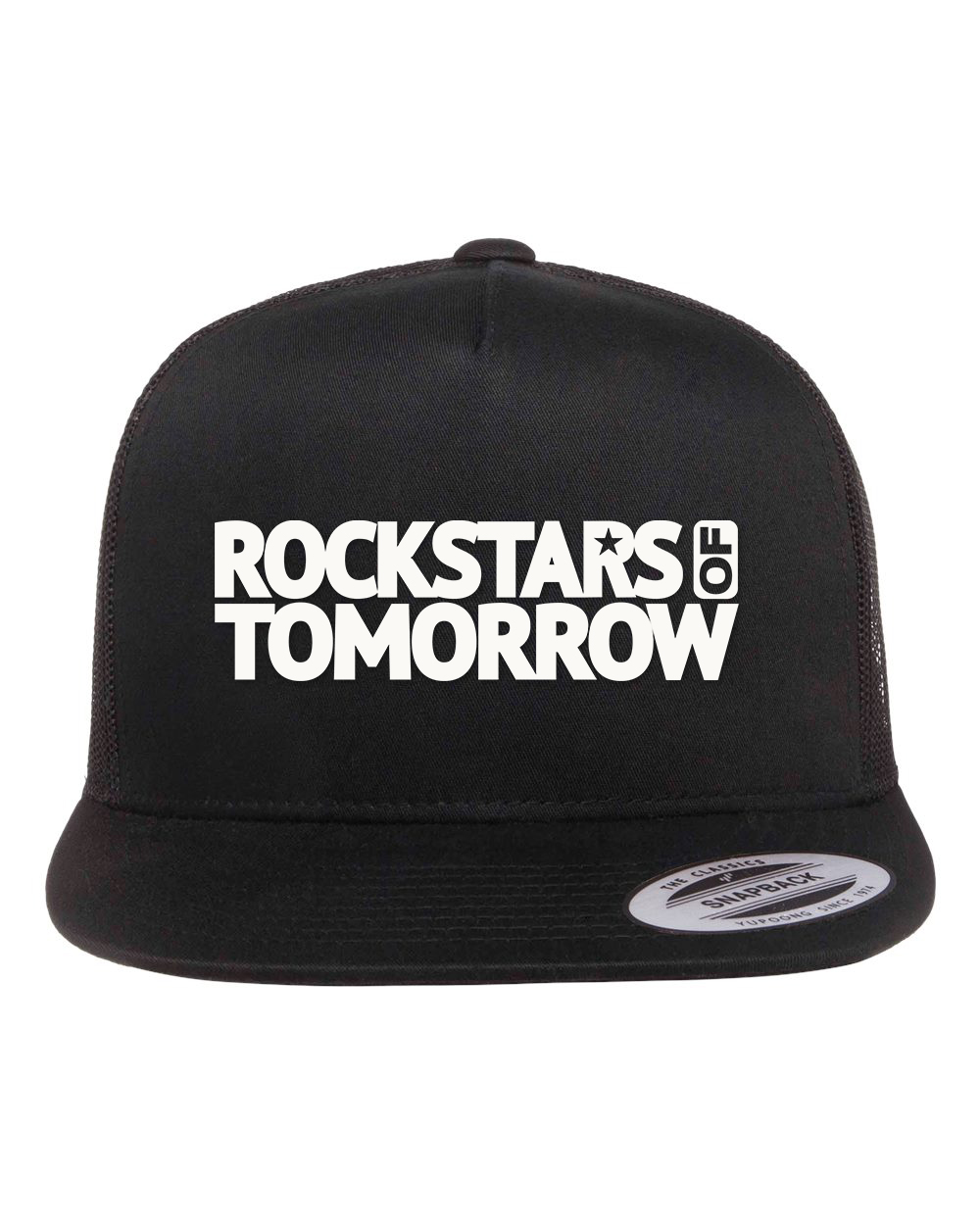Black "flat-bill style" Hat – White on black