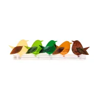 Frame met 5 glazen Vogeltjes / Frame with 5 Glass Birds – Warm Geel - Gras Groen - Diep Groen - Zonnebloemgeel - Warm Bruin 