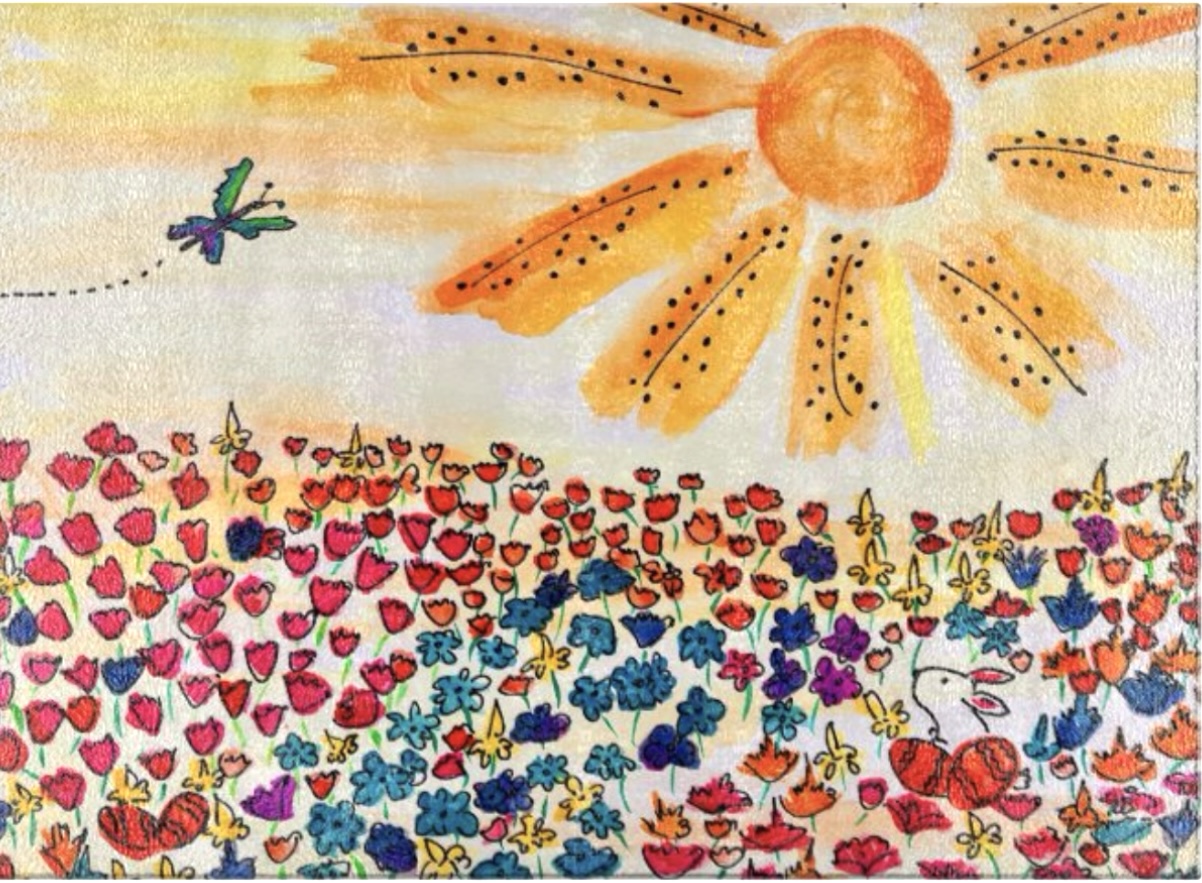 Sunrise and Butterflies Glass Cutting Board – Image 1