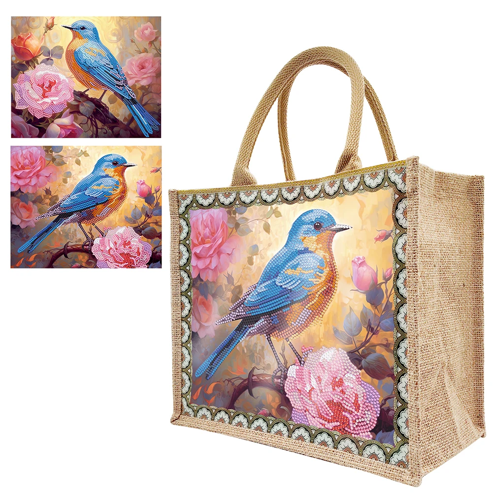 Handcrafted Diamond Painting Tote Bag – The Blue Bird & Rose