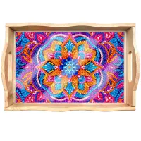 Handcrafted Wooden Serving Tray – Blue & Orange Mandala