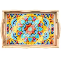 Handcrafted Wooden Serving Tray – Yellow & blue Mandala