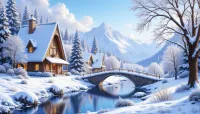 Snowy Village Bridge – Image 1