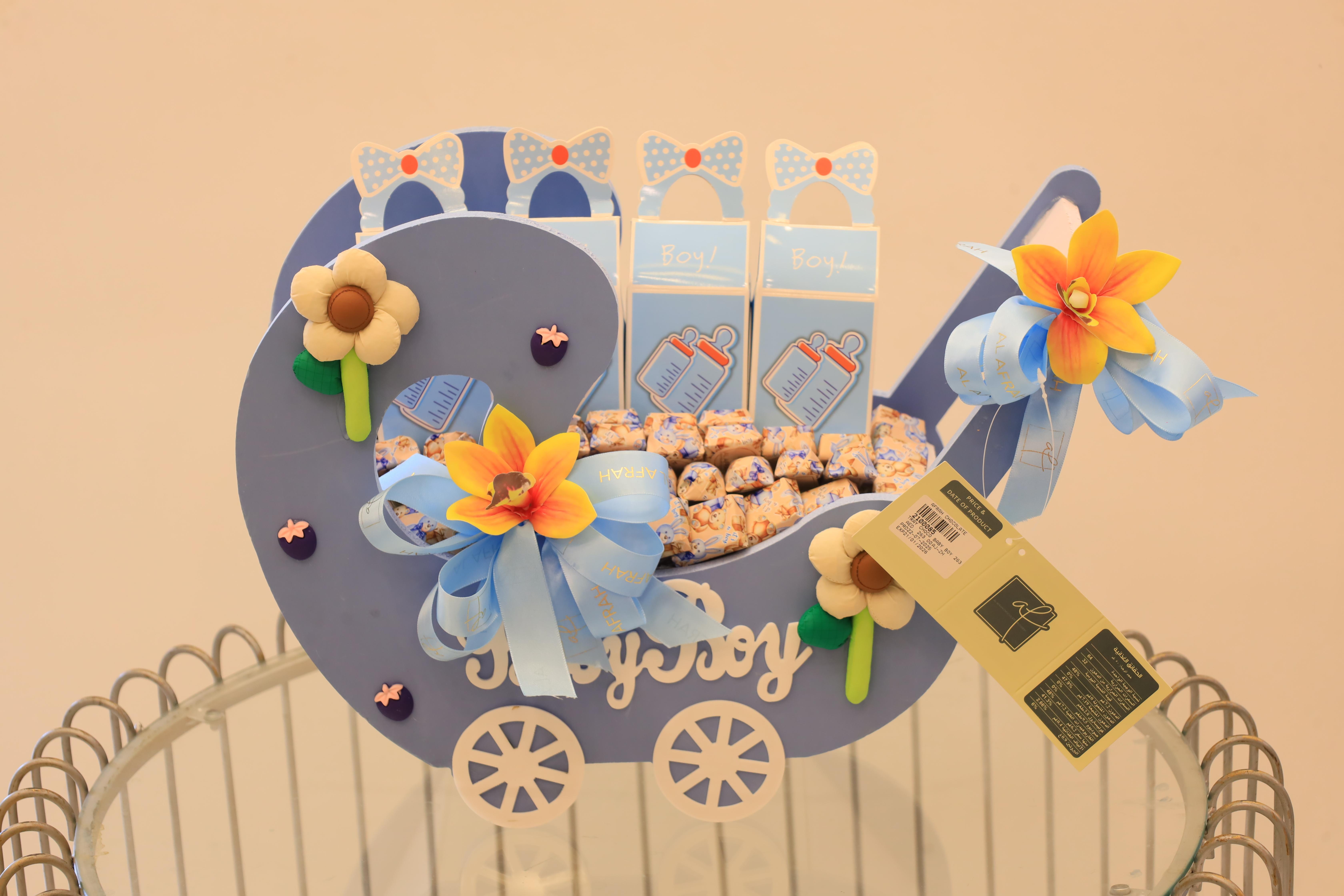 Baby Boy Stroller Chocolate Basket – Blue Decor & Flower Accents – Image 1