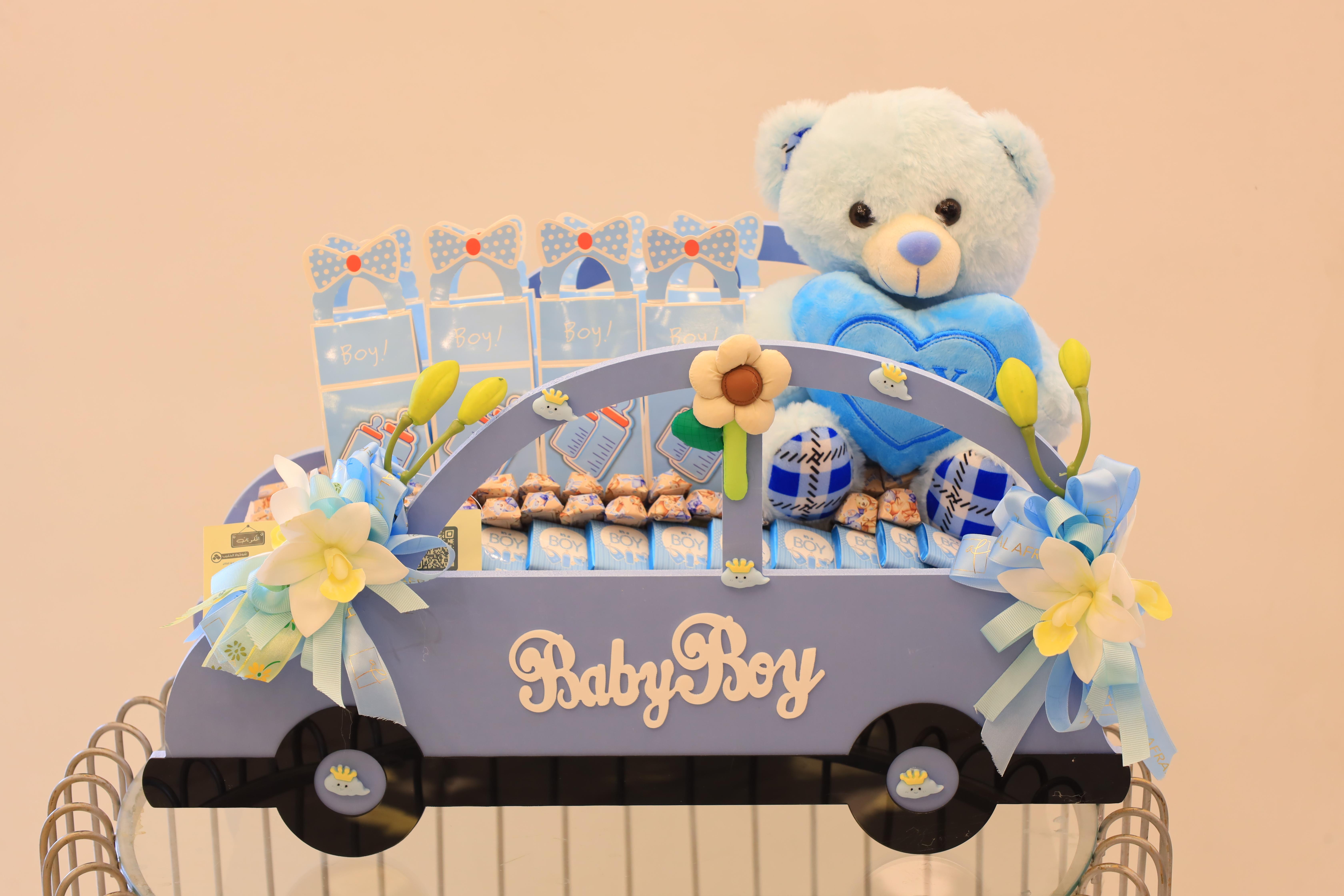 Blue Chocolate Gift Basket for Baby Boy – Plush Teddy, Sweets & Keepsake Car – Image 1