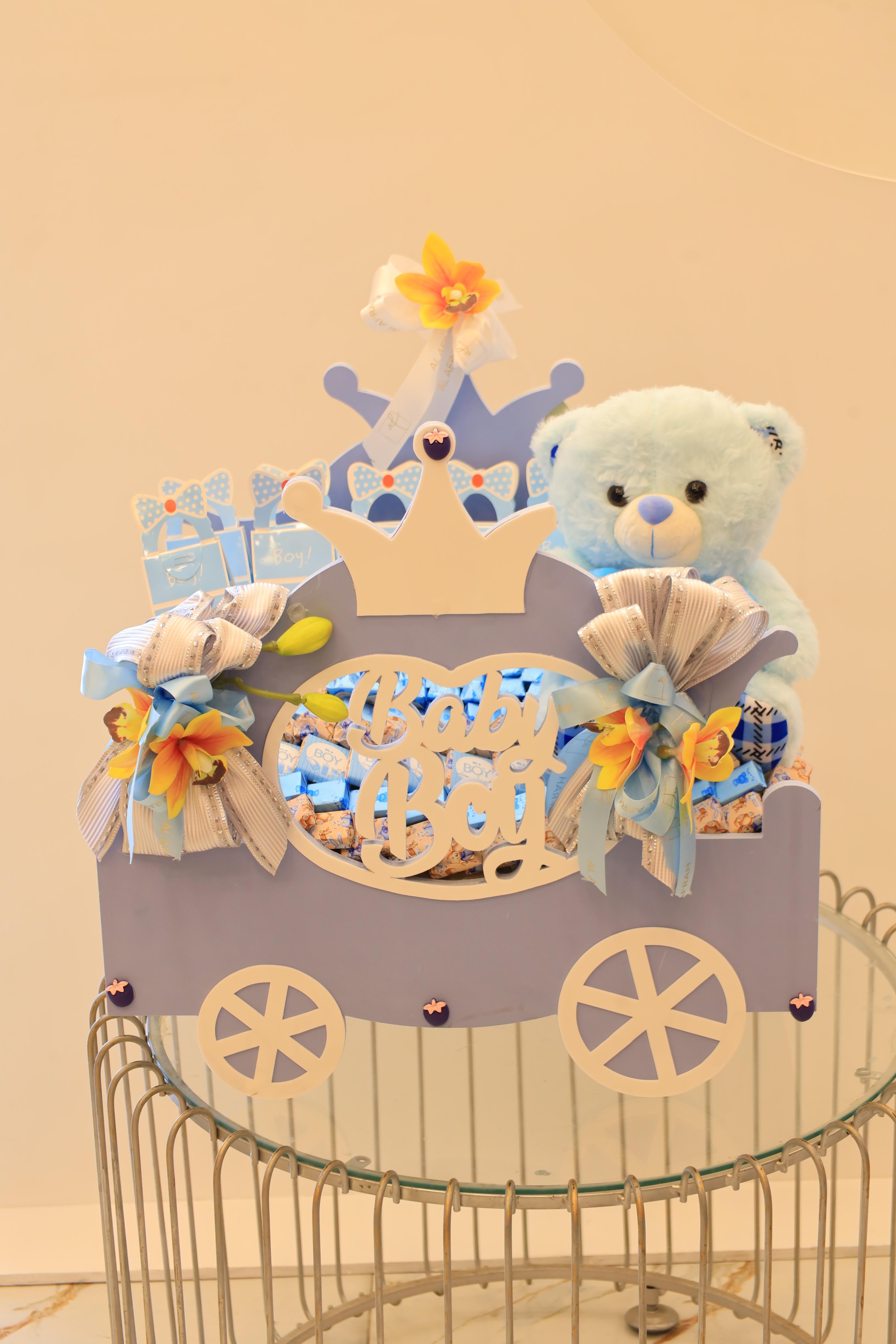 Crown Carriage Chocolate Basket for Baby Boy – Blue Teddy & Premium Sweets – Image 1