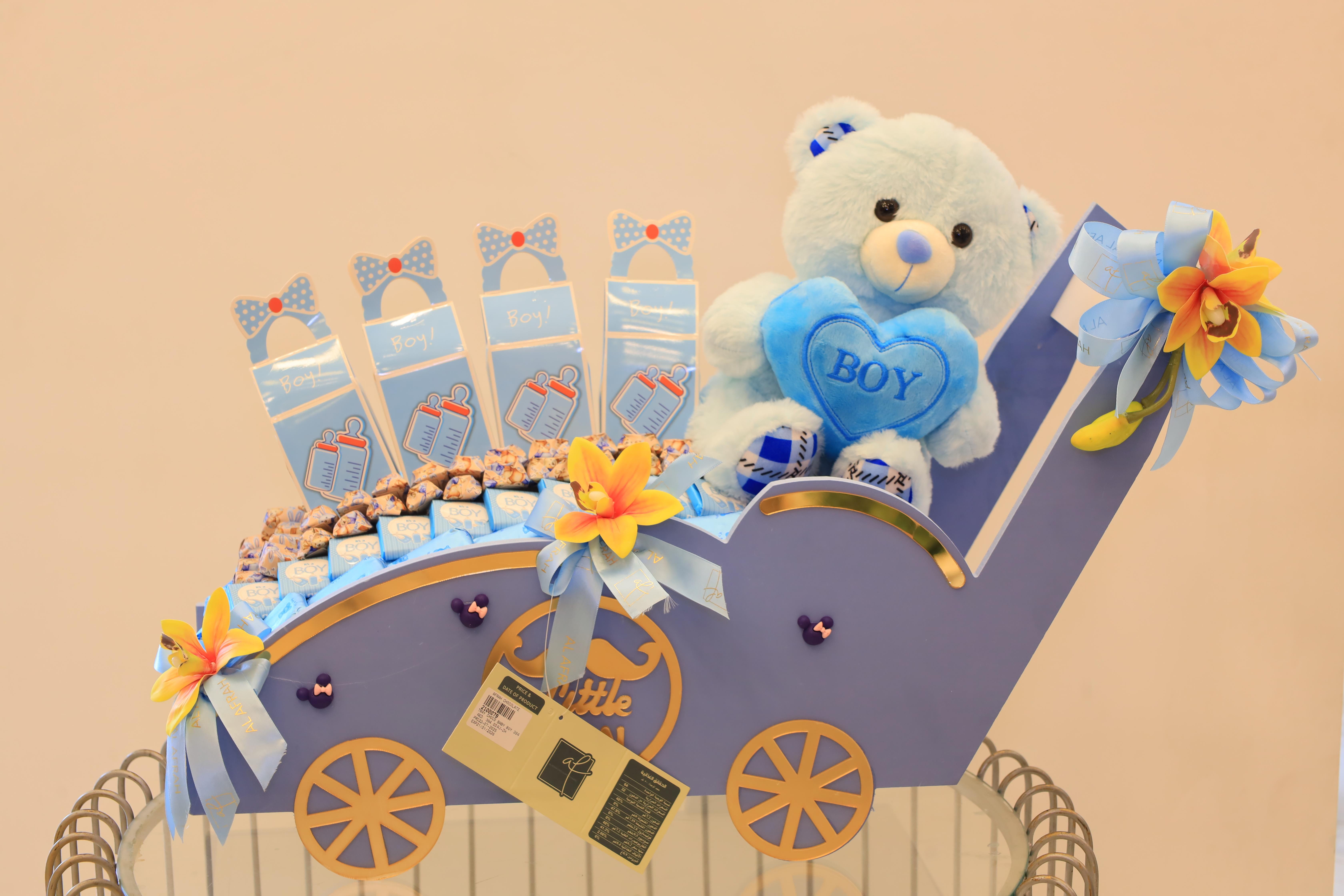 Baby Boy Pram Chocolate Basket – Blue Teddy & Premium Chocolates – Image 1
