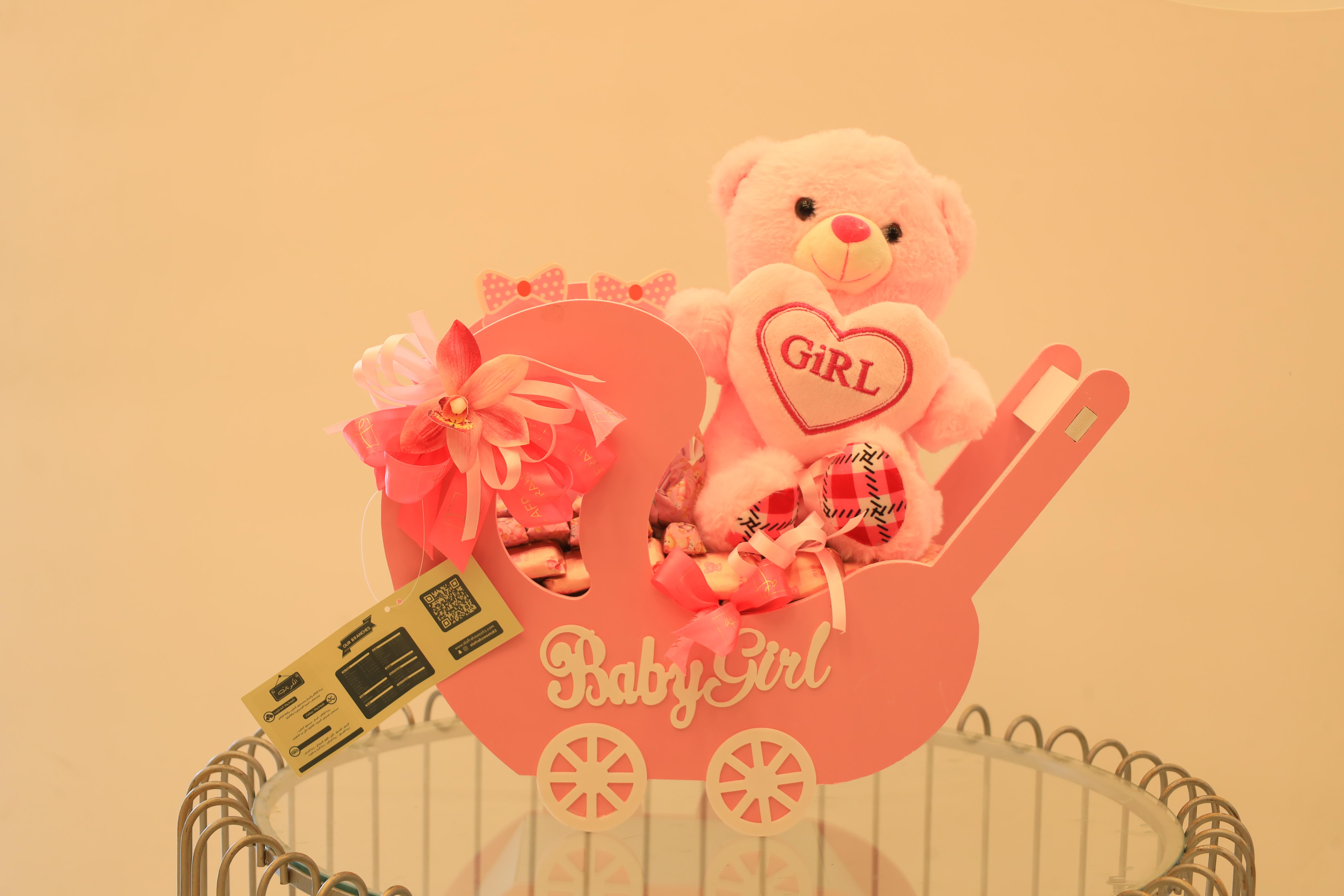 Pink Baby Girl Pram Chocolate Basket – Plush Teddy, Elegant Floral Decor & Premium Sweets – Image 1
