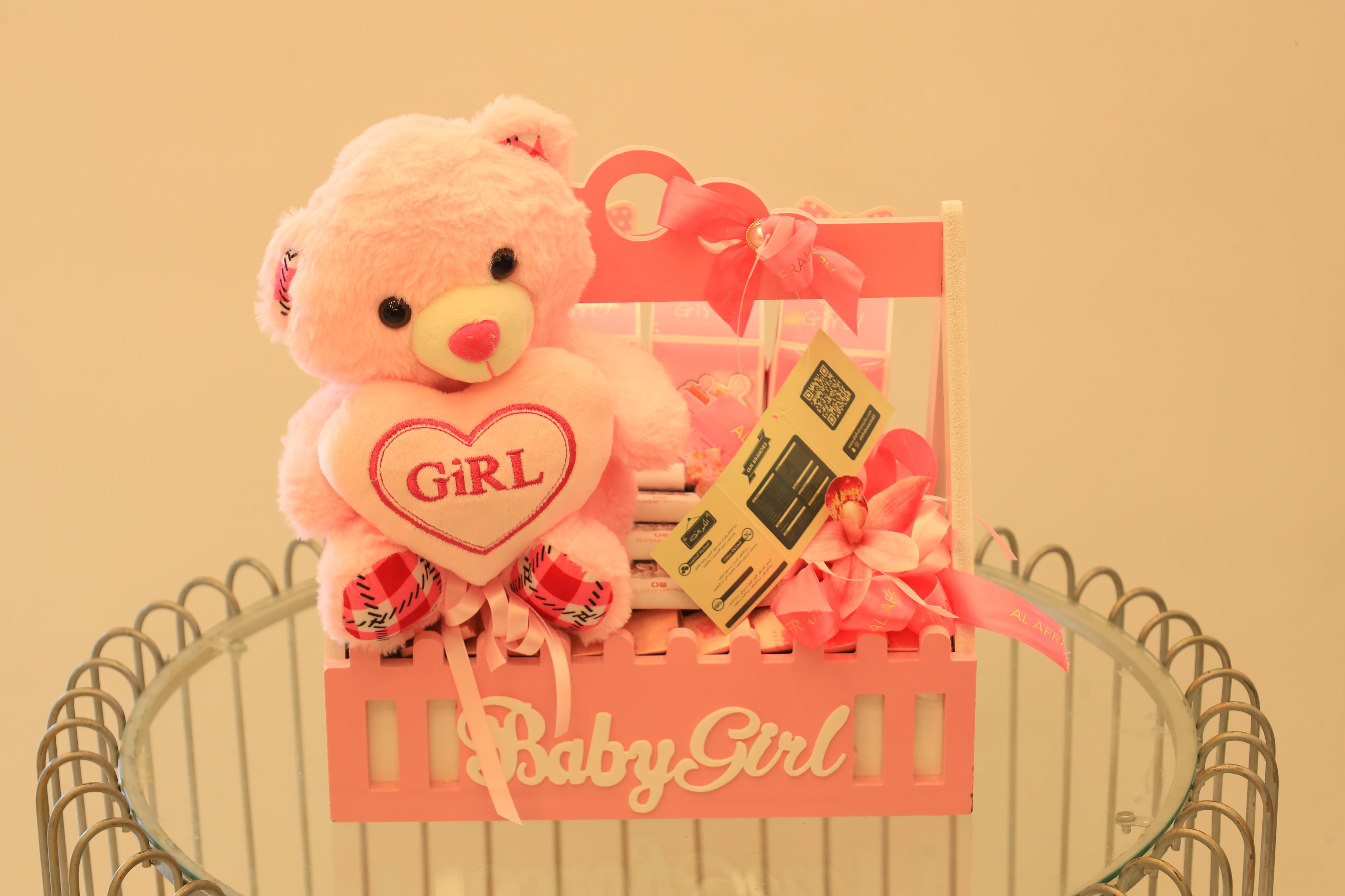 Pink Baby Girl Pram Chocolate Basket – Plush Teddy, Floral Decor & Premium Sweets – Image 1