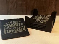 Not Short, Fun Sized Funny Slate Coaster – Engraved, Single or Set of 4 with Holder – Image 1