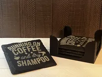 Running on Coffee & Dry Shampoo Funny Slate Coaster – Engraved, Single or Set of 4 with Holder – Image 1