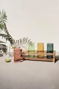 Colorblock Glass Tumbler Set with Wooden Tray – Image 1