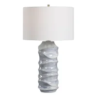 Coastal Swirl Blue Glass Table Lamp with Linen Shade – Image 1