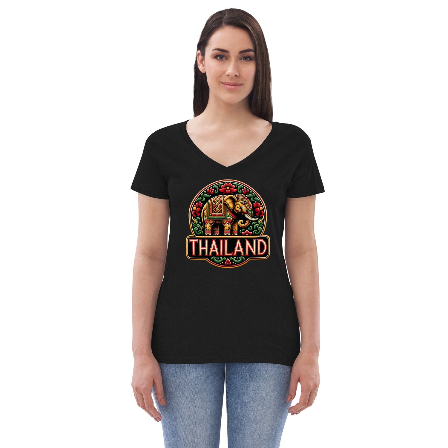 Thailand Inspired Elephant Motif Women’s V-Neck T-Shirt – Image 1