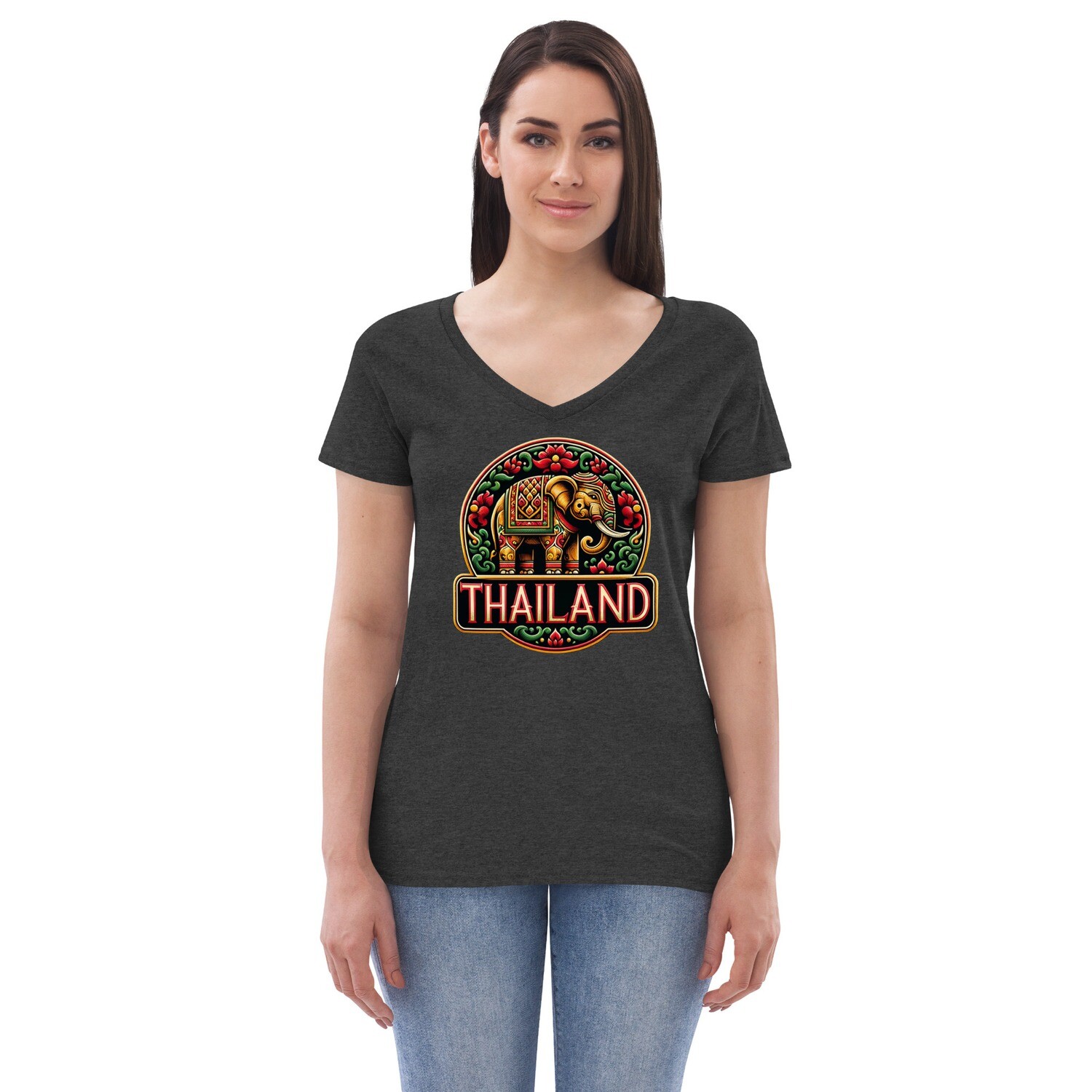 Thailand Inspired Elephant Motif Women’s V-Neck T-Shirt – Image 2
