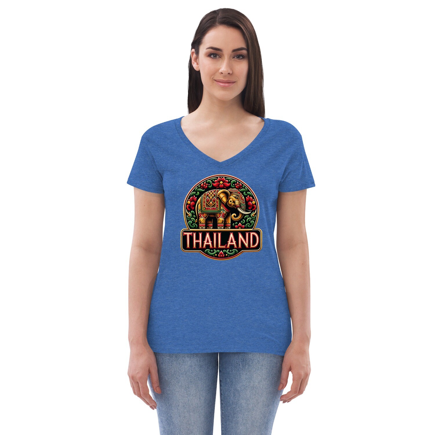 Thailand Inspired Elephant Motif Women’s V-Neck T-Shirt – Image 3