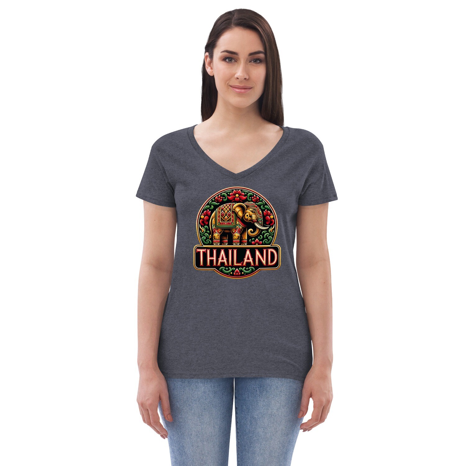 Thailand Inspired Elephant Motif Women’s V-Neck T-Shirt – Image 5