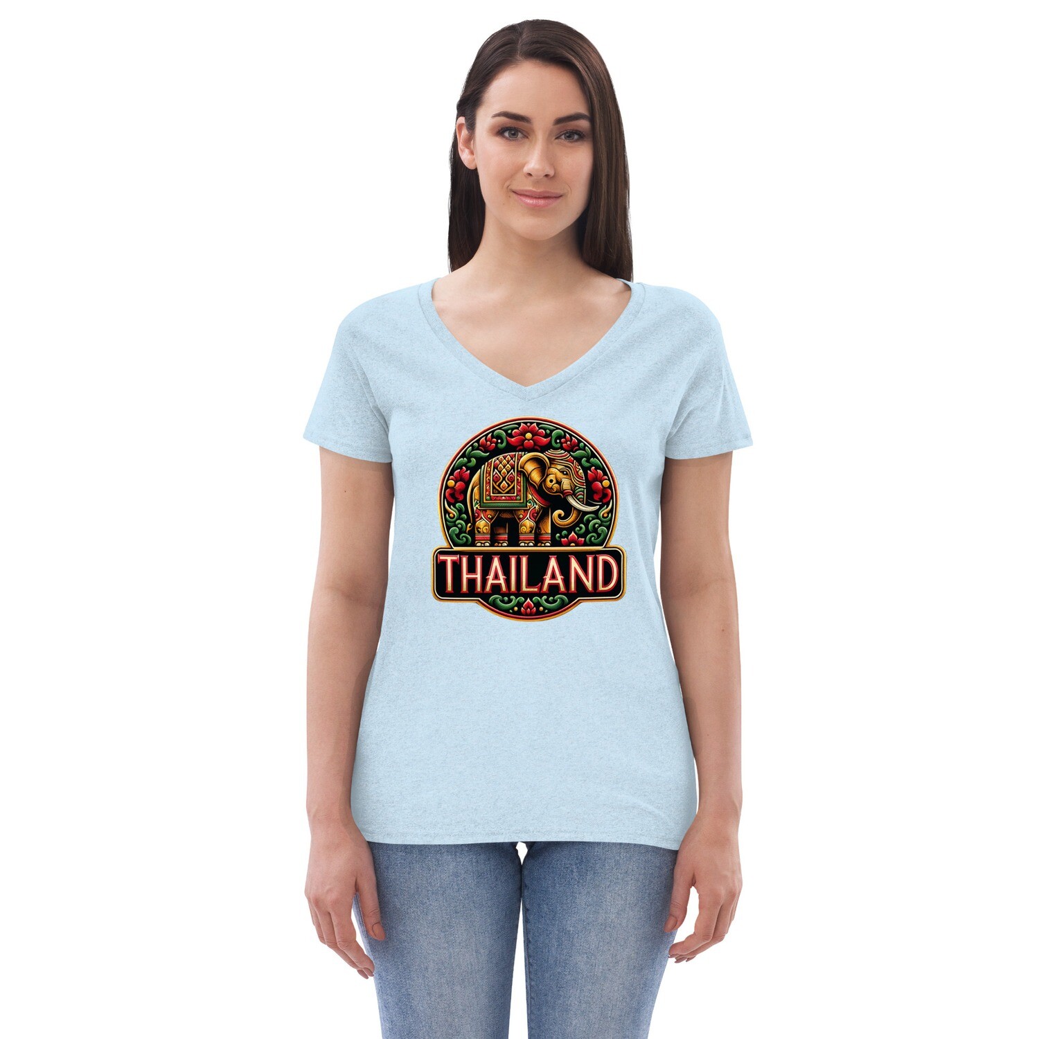 Thailand Inspired Elephant Motif Women’s V-Neck T-Shirt – Image 4
