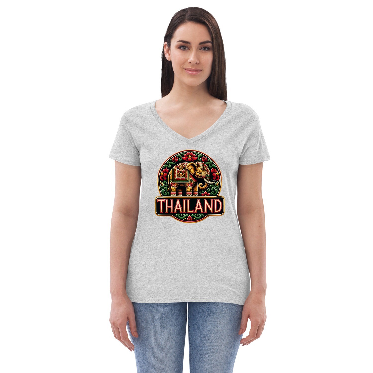 Thailand Inspired Elephant Motif Women’s V-Neck T-Shirt – Image 6