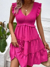 V-Neck Sleeveless Smocking Detailed Tiered Dress – Fuchsia, Large