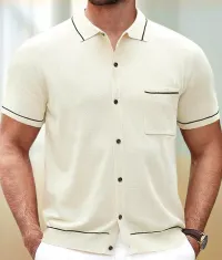 Short Sleeve Knitted Button Down Shirt – Khaki, Large