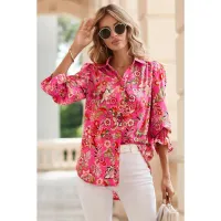 Floral Print Smocked Cuff Puff Sleeve Shirt – Red, Small