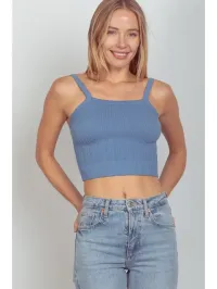 Cable Ribbed Fitted Crop Knit Tank Top – Denim, Small/Med