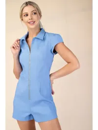 Short-Sleeve Collared Zip-Front Romper – Small, Light Blue