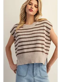 Striped Cap Sleeve Sweater Top – Medium, Oatmeal