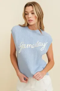 Game Day Embroidered Sleeveless Sweater Vest – Small, Light Blue