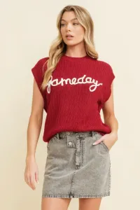Game Day Embroidered Sleeveless Sweater Vest – Small, Red