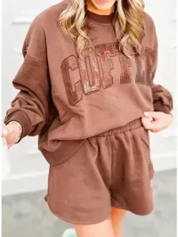 Sequined Coffee Loose Fit Sweatshirt and Shorts Set – Medium, Coffee