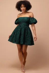 Jaquard Off Shoulder Puff Sleeve Mini Dress – Small, Emerald