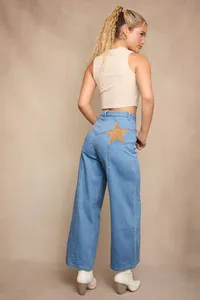DENIM PANTS WITH SUEDE STARS ON THE BACK – XSmall, Light Blue